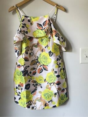 NWT RENN Floral Satin Sleeveless Dress, Yellow Roses w/Back Zipper Thin Straps